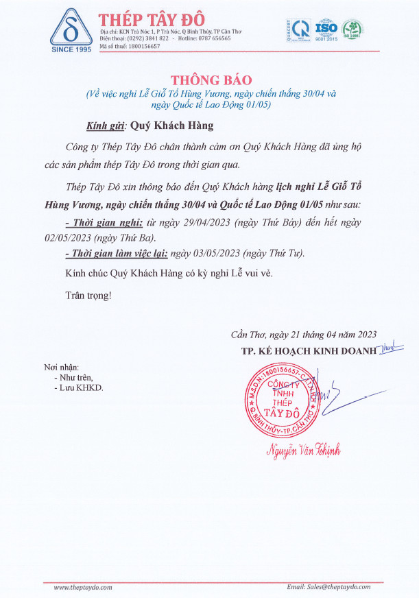 Thông báo V/v nghĩ lễ Giỗ Tổ Hùng Vương - Ngày chiến thắng 30/04 và ngày Quốc Tế Lao Động 01/05